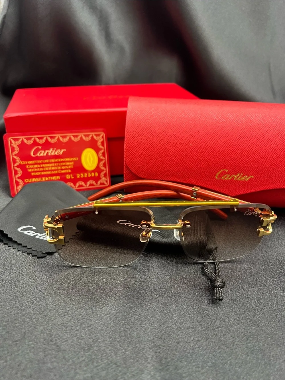Cartier Men’s Rimless Sunglasses in Brown and Gold with Gray Lenses